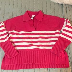 Pink and White Striped Polo-Style Sweater